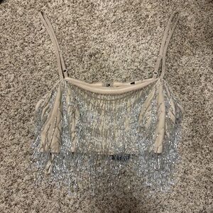 Nasty Gal Silver and Tan Fringe Crop Top